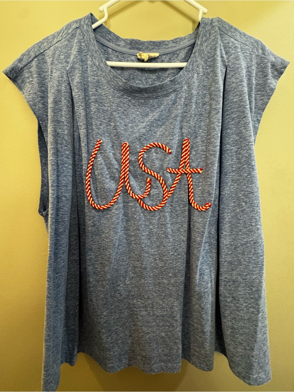 BiBi Heather blue Short Sleeve Tee with Red-and-White Rope USA Graphic